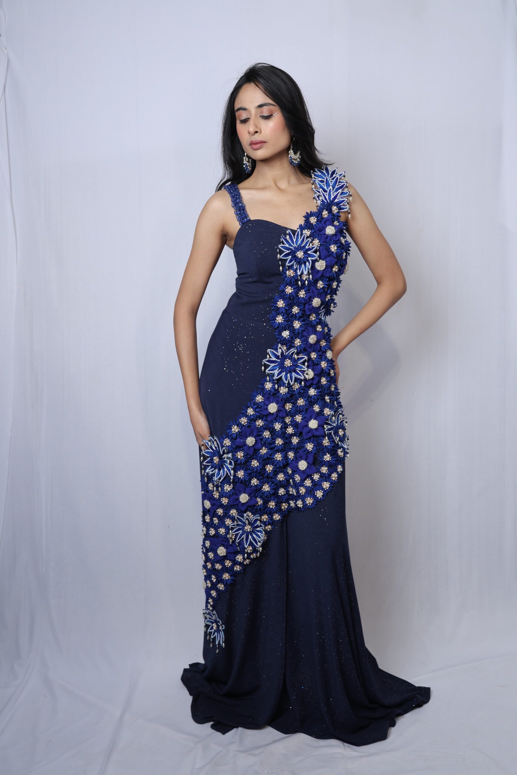 BlueBell – navy blue gown with white floral embroidery and sequin work
