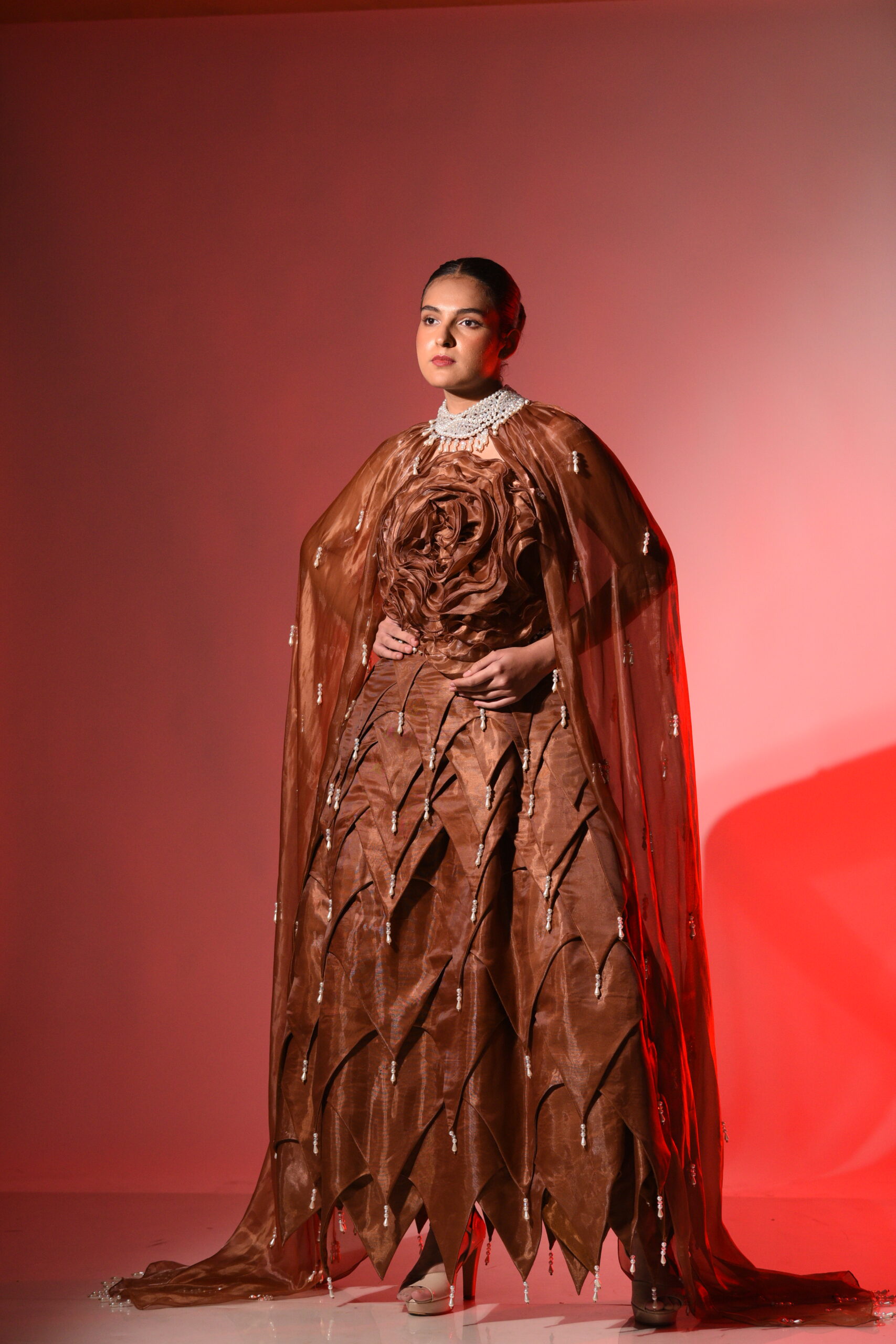 TAMRA – Organza Satin Copper Gown with Zarkan, pearl, cutdana work