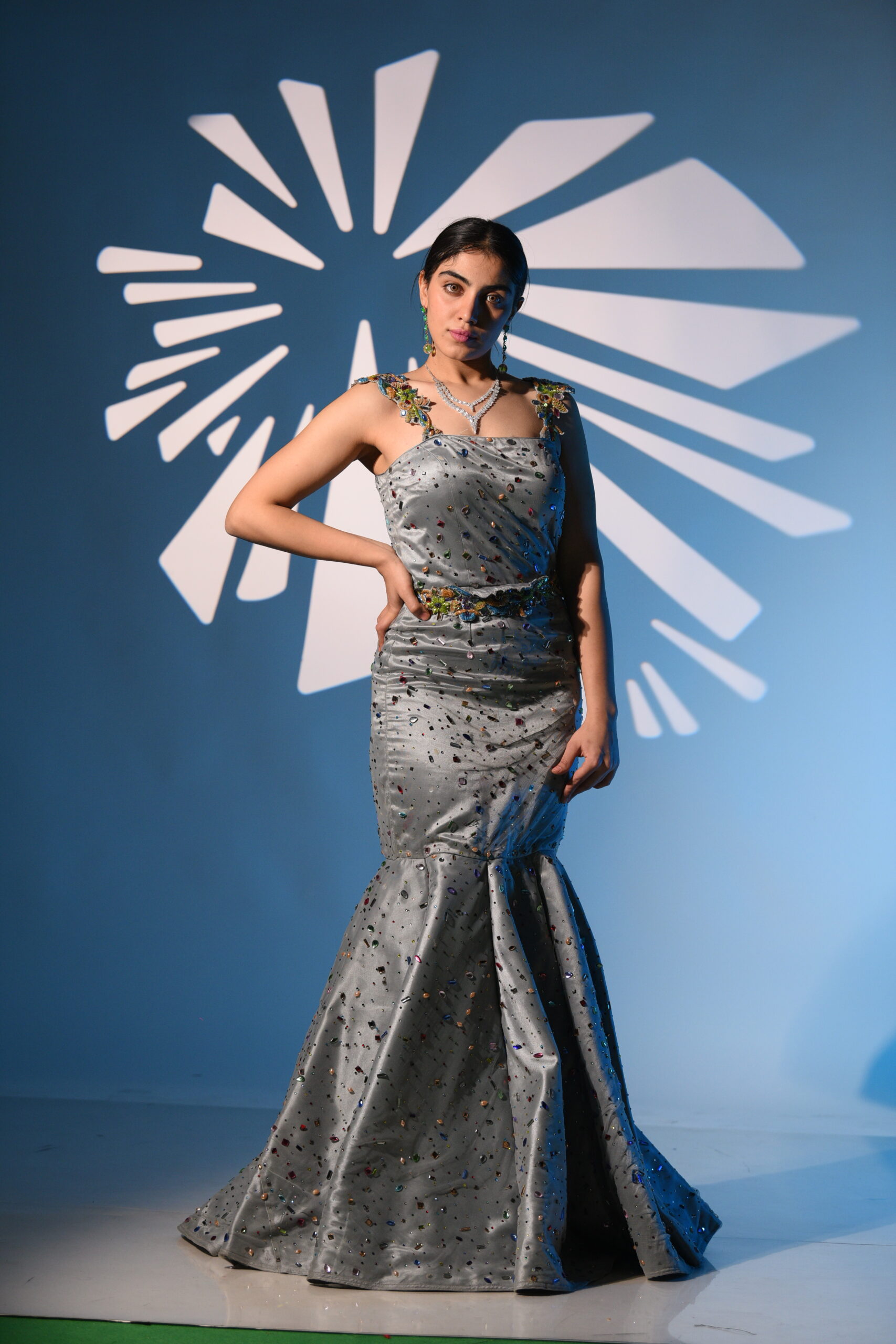 TAARA – Taffeta silk fabric gown with Stone, floral embroidery in Silver Grey colour