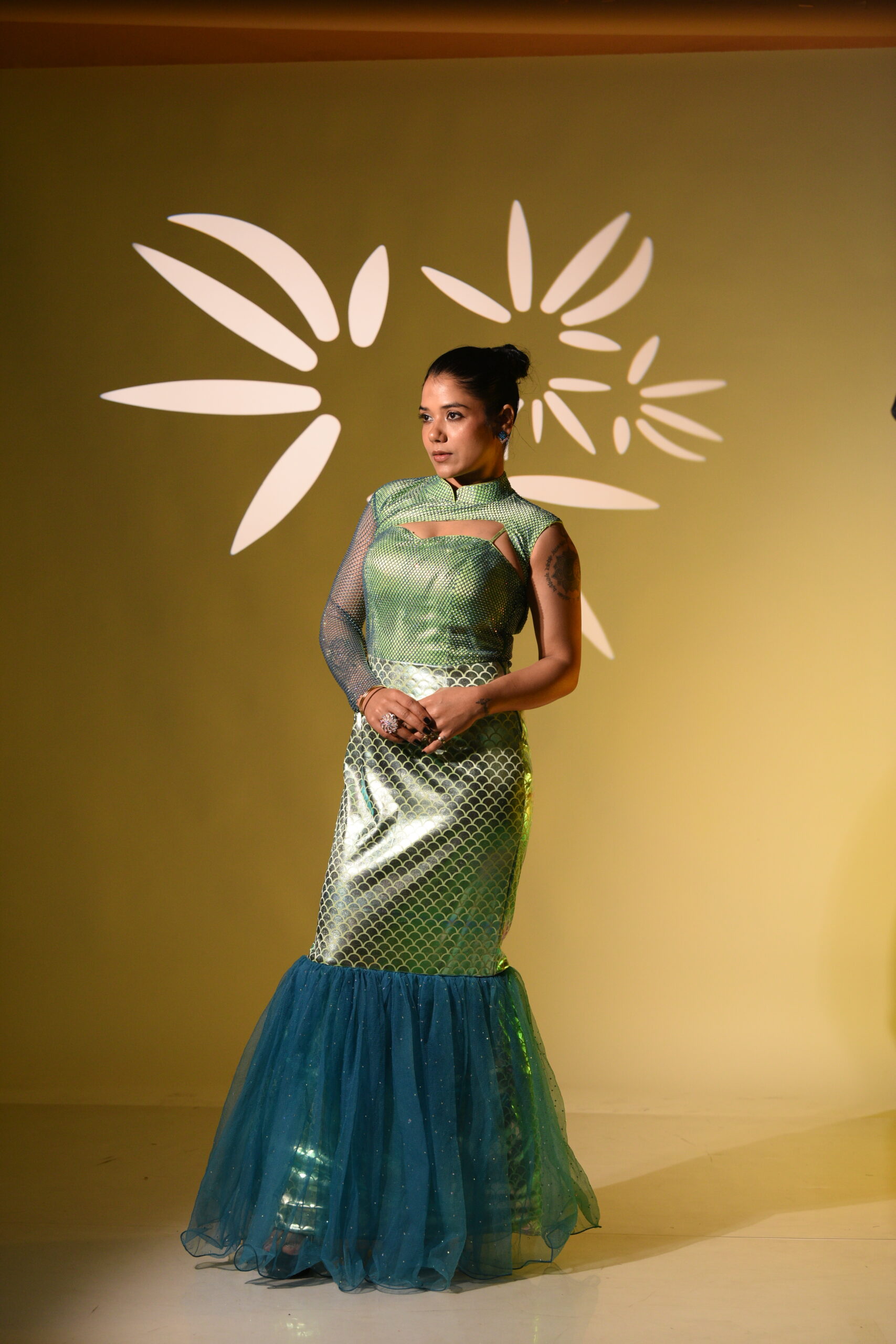 MEERA  – Holographic Sequin Gown in Teal-gold shimmer Colour